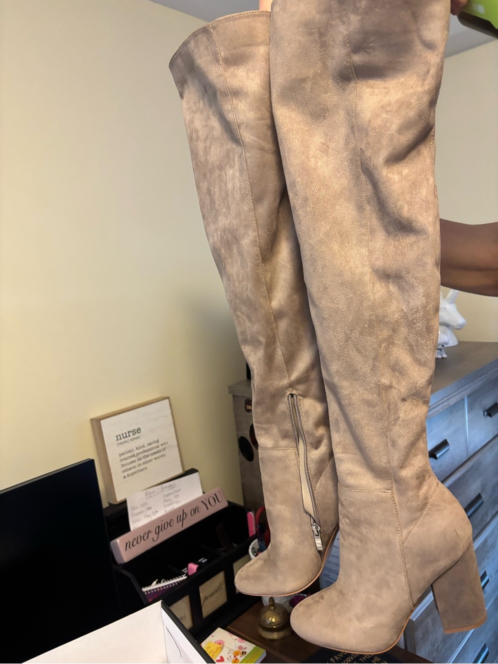 Nine West Taupe Suede Over-the-Knee Block Heel Boots